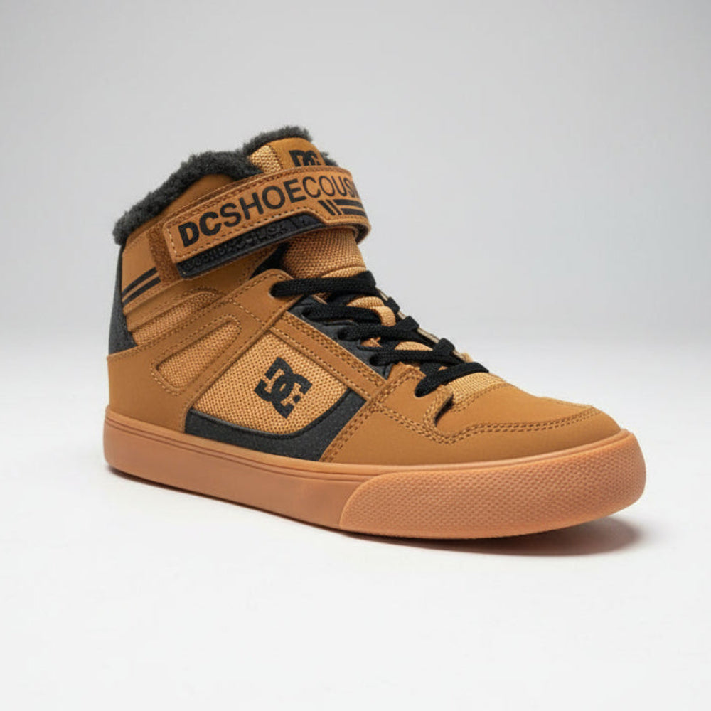 Brown DC Shoes sneaker leaning against a dark surface with a store shelf in the background.