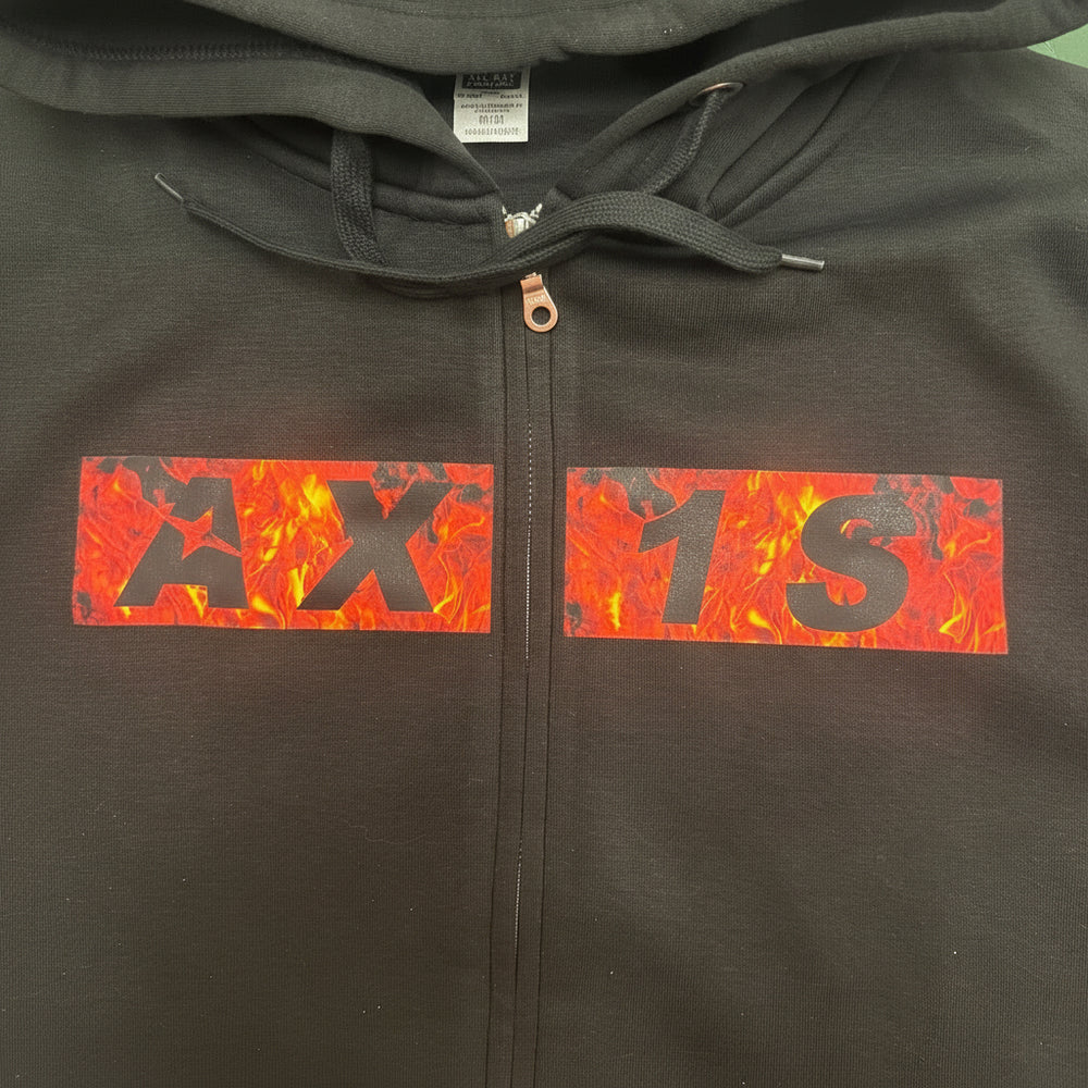 Black hoodie with fiery design on chest and back